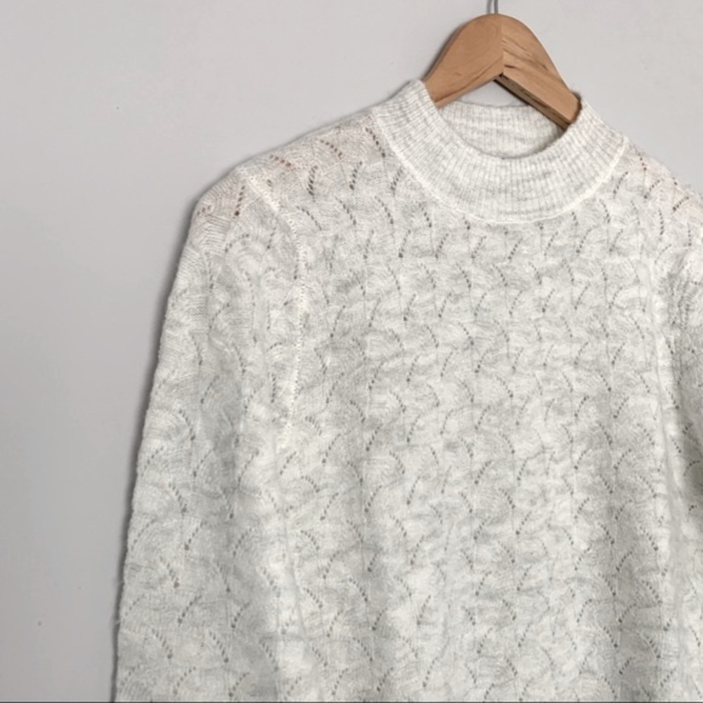 Fall Winter Pointelle Knit Crew Mock Neck Long Sleeve Sweater Top in Cream (M)